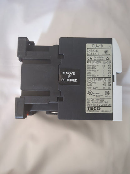 Teco Cu-18 Magnetic Contactor, 24Vac Coil Voltage, 3A1A1B Contacts, 7.5Hp Motor