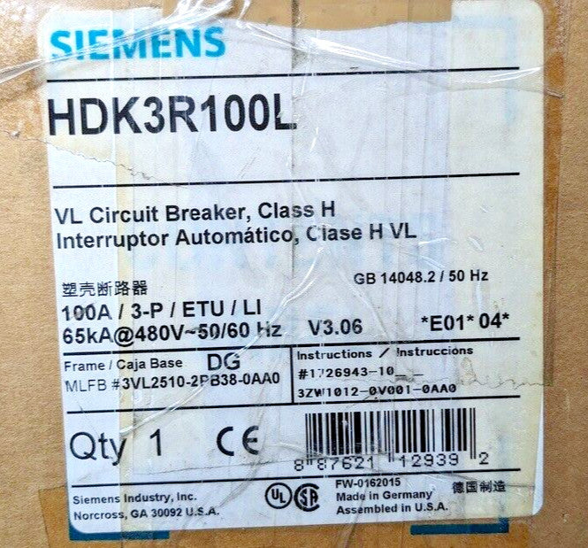 Siemens HDK3R100L VL Series 100A Circuit Breaker 3 Pole 600V ETU5-LI W/Trip Lugs