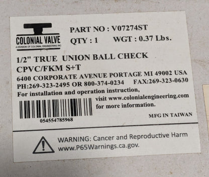 Colonial Plastic Union Check Valve: 1/2 in, CPVC Schedule 80 16883