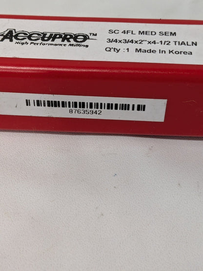 Accupro Square End Mill: 3/4" Dia, 2" LOC 4-1/2" OAL, Solid Carbide 87635942