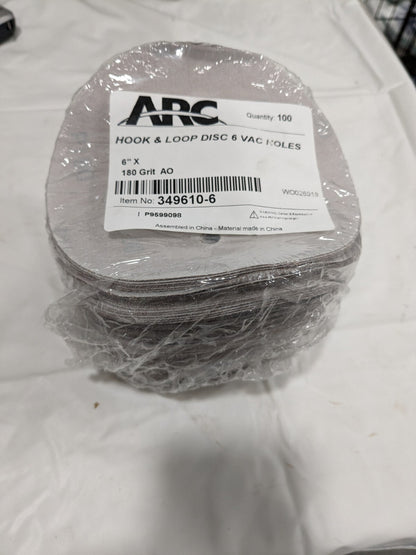 ARC Hook & Loop Disc: 6" Dia, 180 Grit, Coated, Aluminum Oxide Qty 100 349610-6