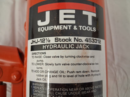 Jet Hydraulic Bottle Jack 12-1/2 Ton Capacity 9-1/2" to 18-1/2" High 453312