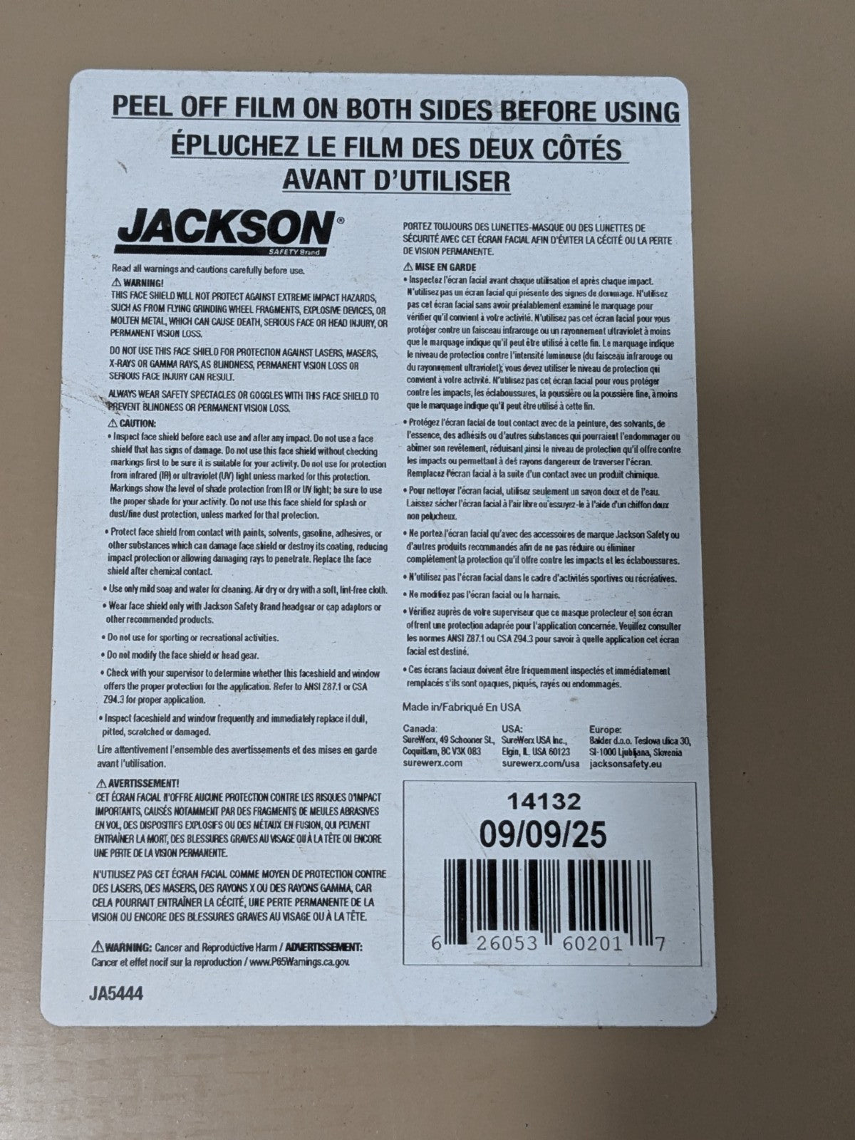 Jackson Safety Face Shield Windows & Screen 8" High, 0.06" Thick Qty 7 14132