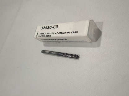 HARVEY TOOL Corner Radius End Mill: 1/8" Dia 4 Flute, Solid Carbide 32430-C3