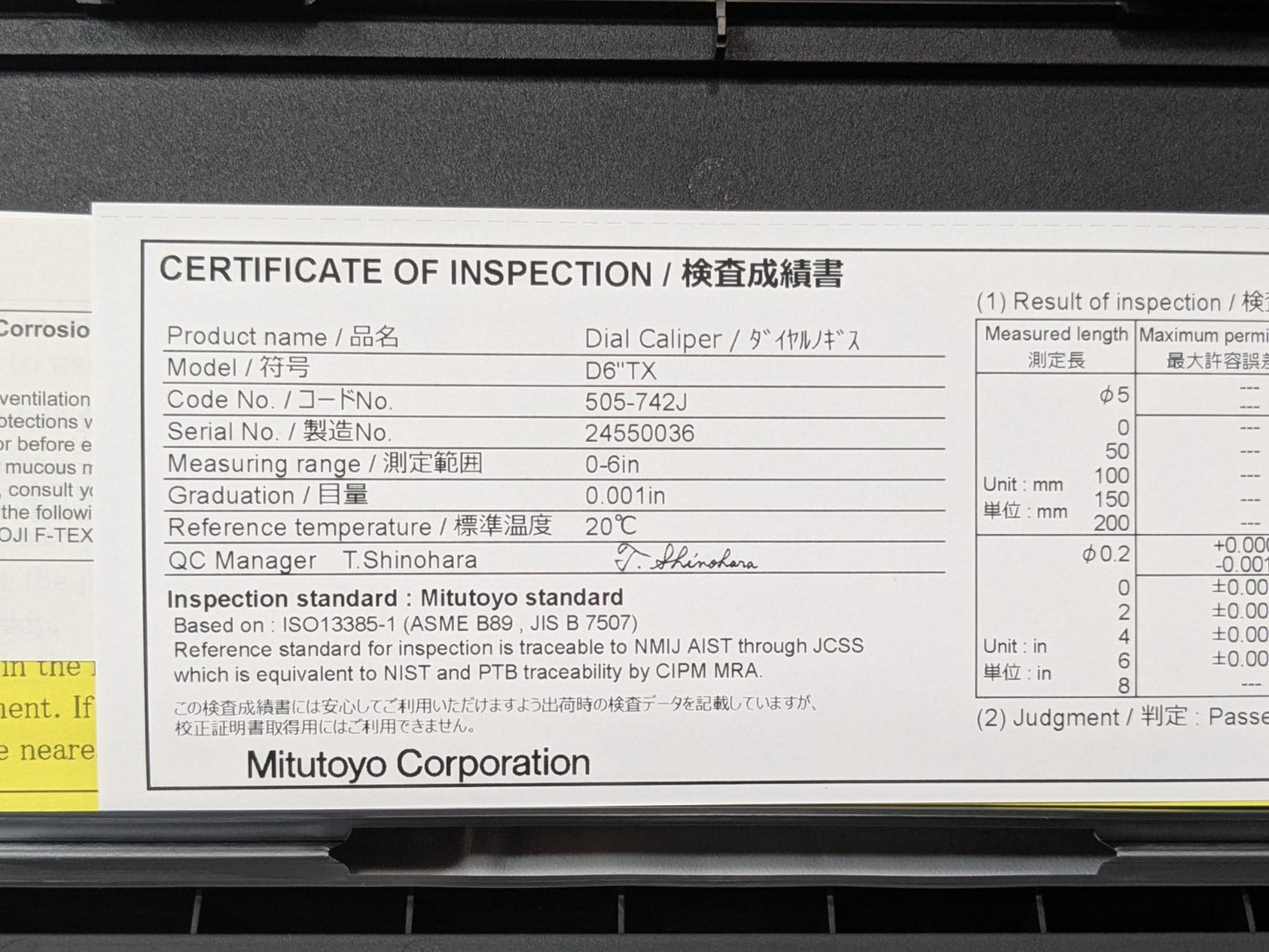 Mitutoyo Dial Caliper 0 to 6" Range D6 " TX 505-742J