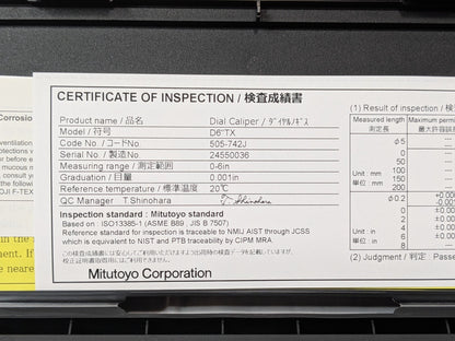 Mitutoyo Dial Caliper 0 to 6" Range D6 " TX 505-742J