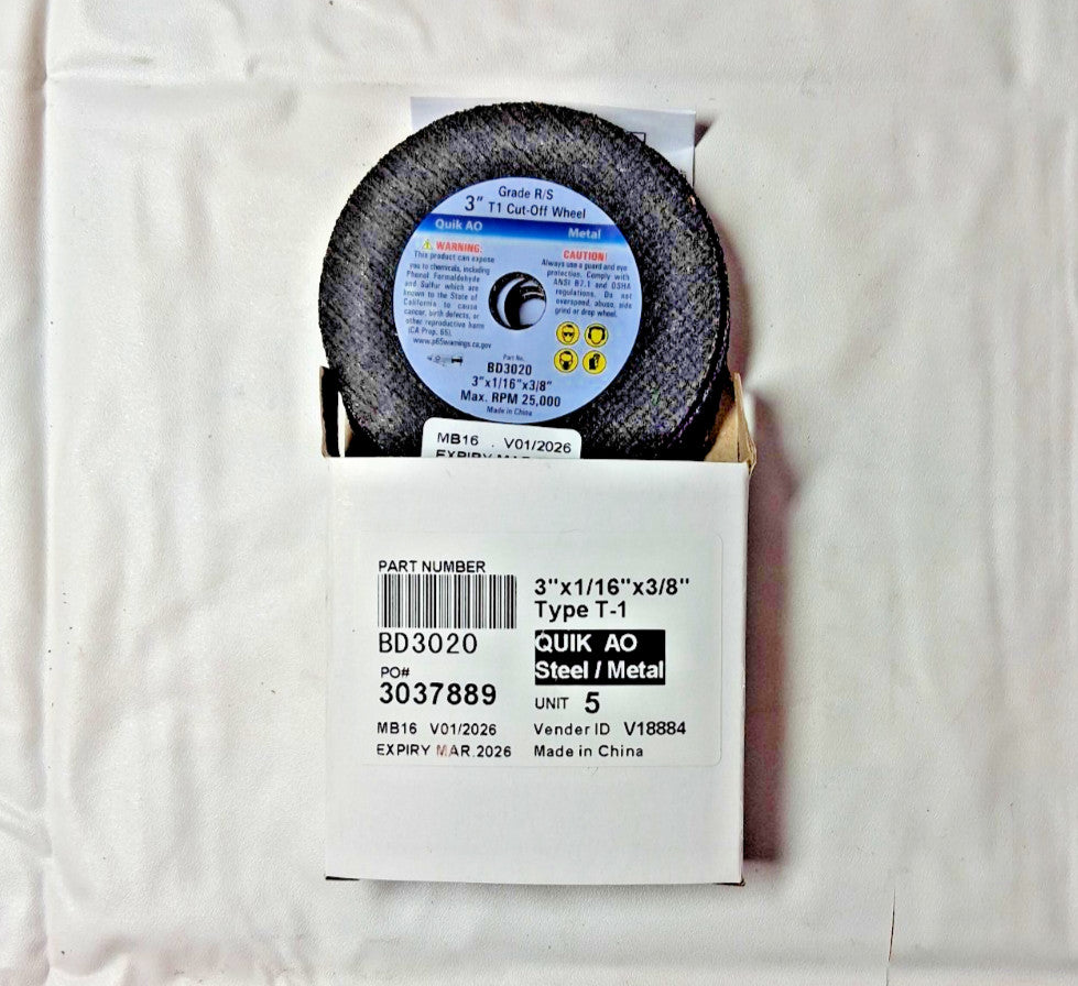 QTY15 Aluminum Oxide Cutoff Wheels 3" x 1/16" x 3/8" Type T-1 BD3