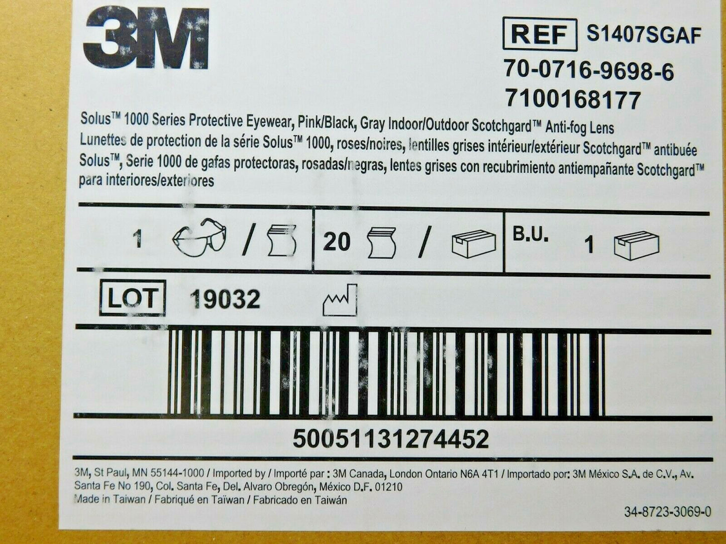 20 3M Solus 1000-Series Safety Glasses Pink/Blk I/O Gray Anti-fog Lens S1407SGAF