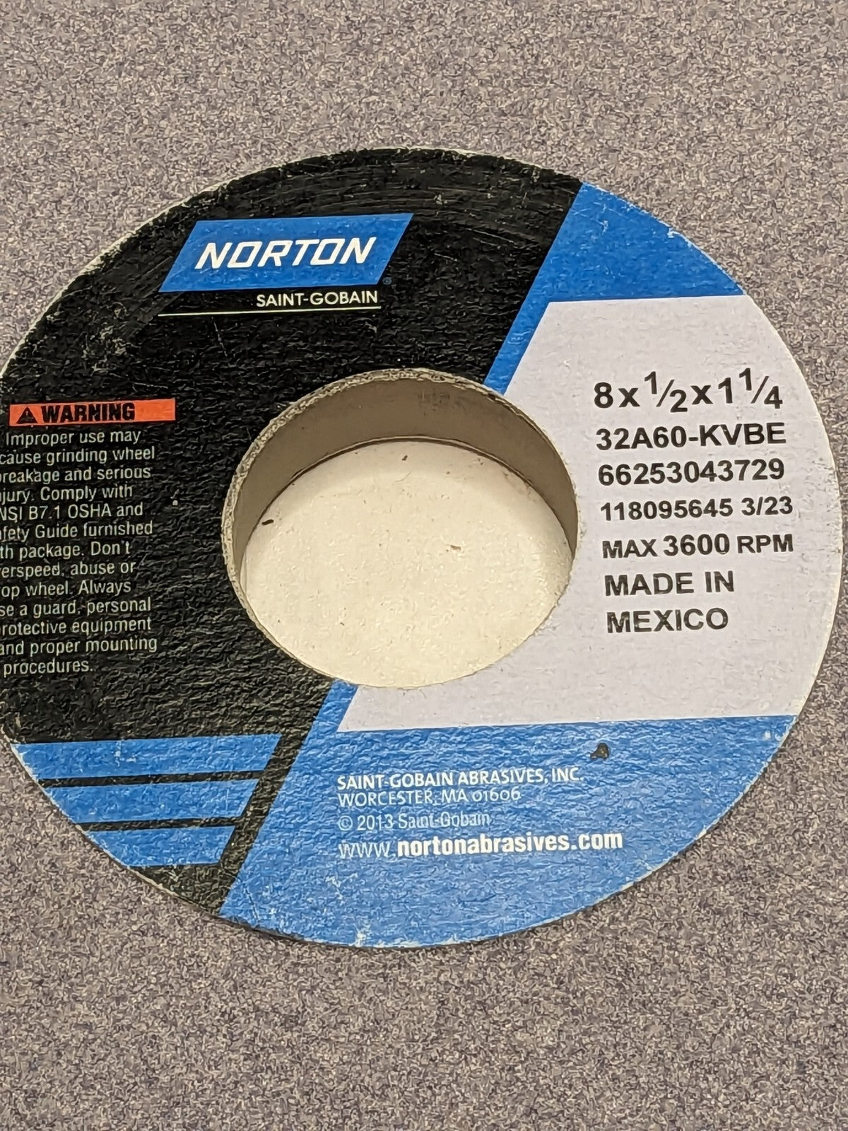 NORTON Surface Grinding Wheel: 8" x 1/2" x 1-1/4", 60 Grit 662530