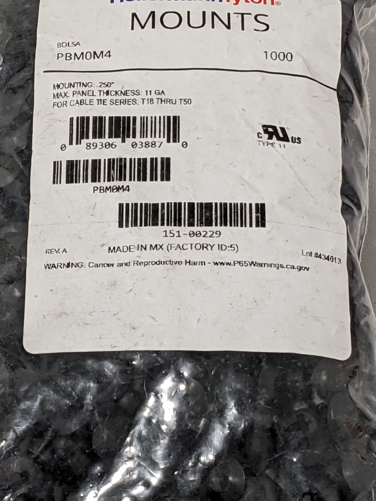 HellermannTyton Push-Button Cable Tie Mount, .25" Hole Dia Pack of 1000 PBM0M4