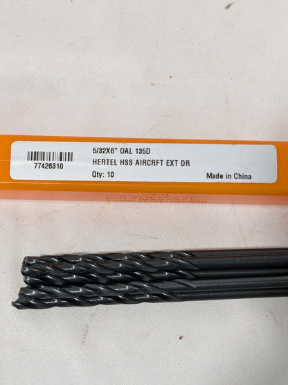 Hertel Aircraft Extension Drill Bit: 5/32" Dia, 135 °, HSS Qty 10 77426310