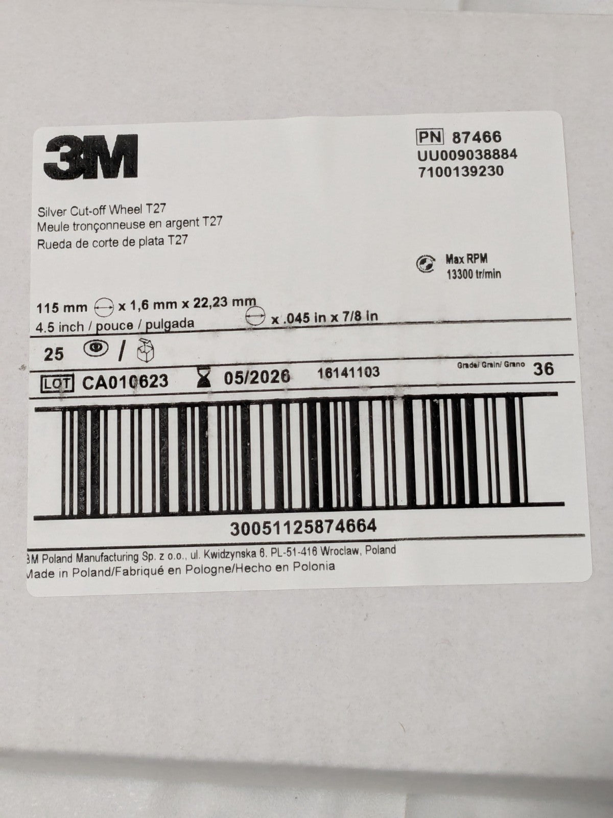 3M Depressed-Center Wheel 4-1/2" Dia, 0.0450" Thick, 7/8" Hole Qty 50 7100139230