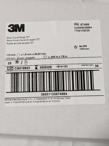 3M Depressed-Center Wheel 4-1/2" Dia, 0.0450" Thick, 7/8" Hole Qty 50 7100139230