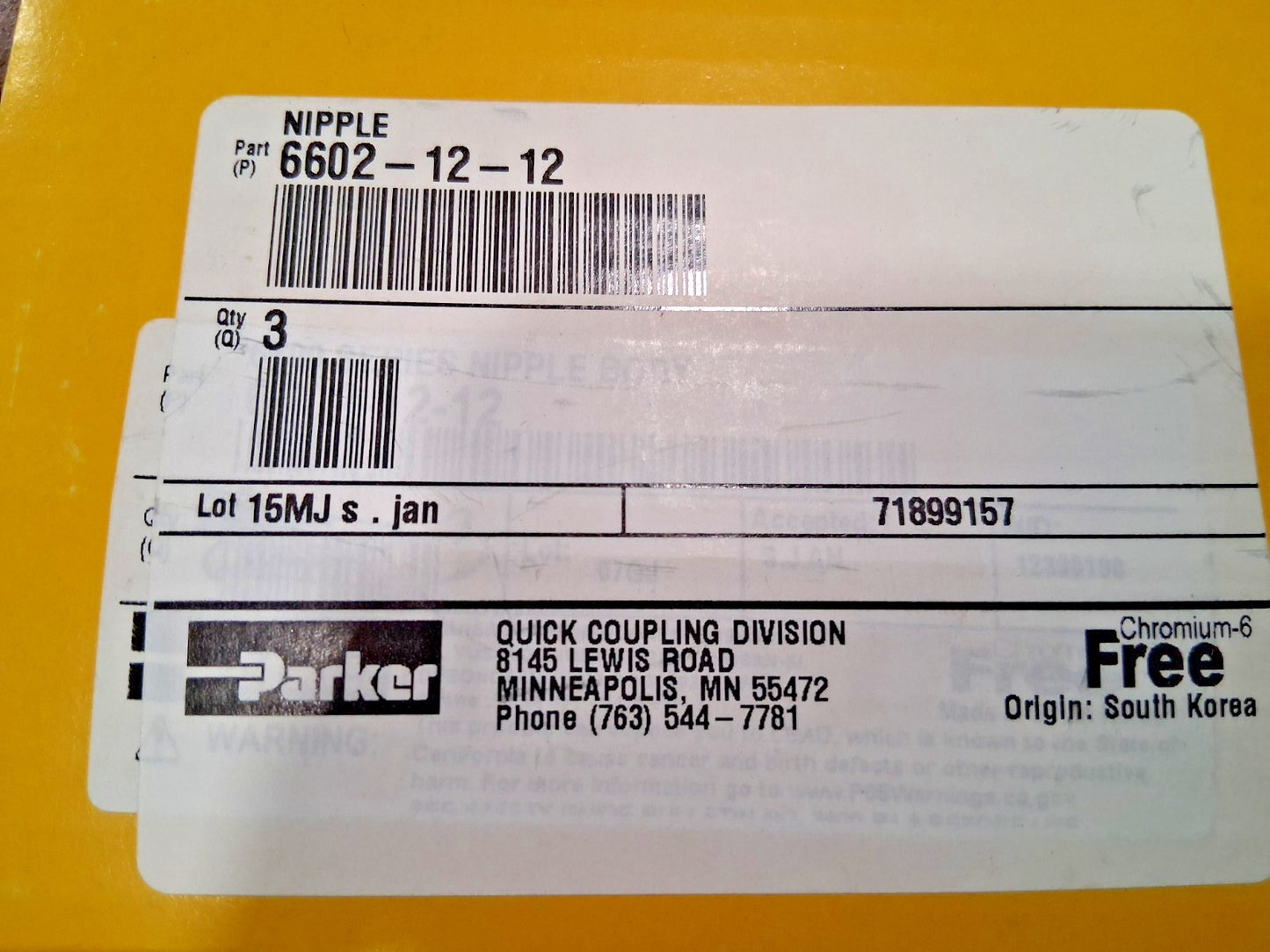 Parker Hydraulic Hose Female Pipe Rigid Fitting Hose Size 3/4" 6602-12-12