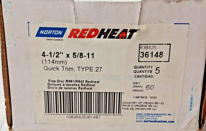Norton Ceramic Alumina Flap Disc 4-1/2" Dia Type 27 QTY5 63642536148