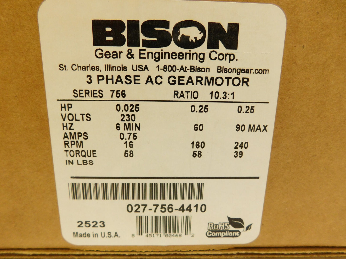 BISON GEAR 3-Phase Inverter Duty Gear Motor 230V 60Hz 027-756-4410 PARTS/REPAIR