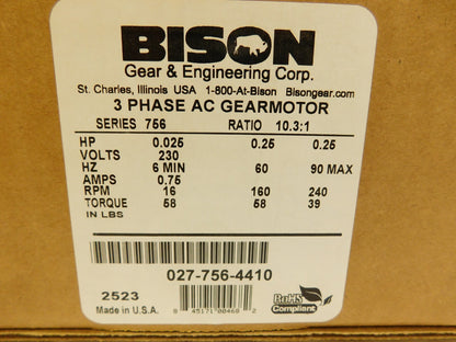 BISON GEAR 3-Phase Inverter Duty Gear Motor 230V 60Hz 027-756-4410 PARTS/REPAIR