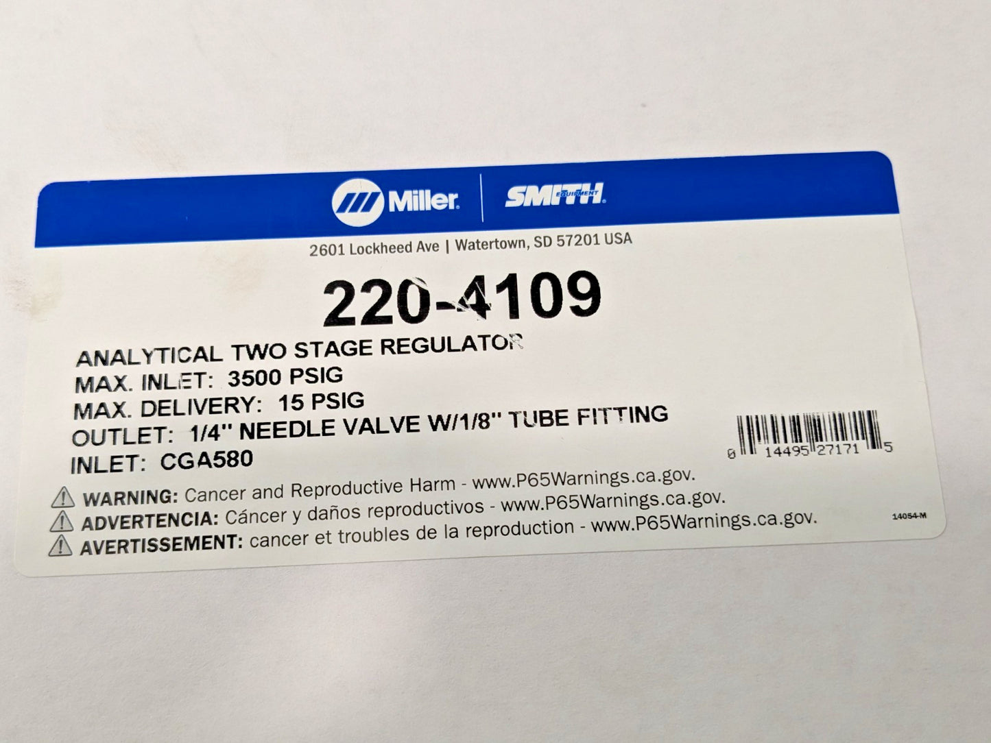 Smith Miller Nitrogen &amp; Helium Welding Regulator 3500 PSIG MAX 220-4109