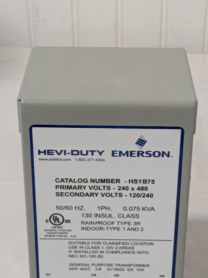Sola/Hevi-Duty General Purpose Transformer 1 Phase, 240-480 Volt Input HS1B75
