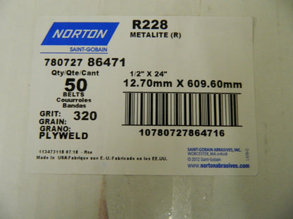 Norton Aluminum Oxide Belts Aprx 50 Pack 1/2" Wide 24" Long 320 Grit 7