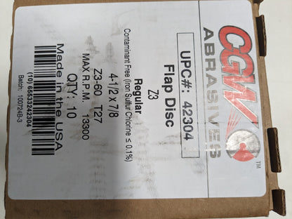 CGW 10pc Flap Disc: 4-1/2" Dia, 7/8" Hole, 60 Grit Type 27 Zirconia Alumina42304