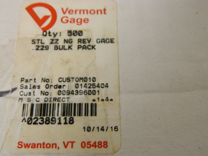 Vermont Gage Plug and Pin Gages 0.229" Dia Class ZZ Minus Box of 500 111222