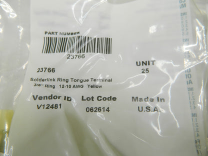 Solderlink Ring Tongue Terminal Partially Insulated, 12-10 AWG Qty 100 23766
