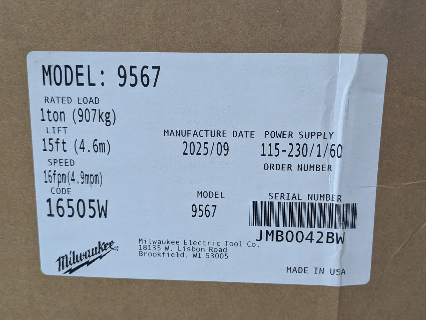 Milwaukee Electric Chain Hoist 1 Ton Capacity 15 Ft. Lift 1 HP 115/230v 9567