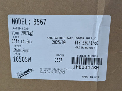 Milwaukee Electric Chain Hoist 1 Ton Capacity 15 Ft. Lift 1 HP 115/230v 9567