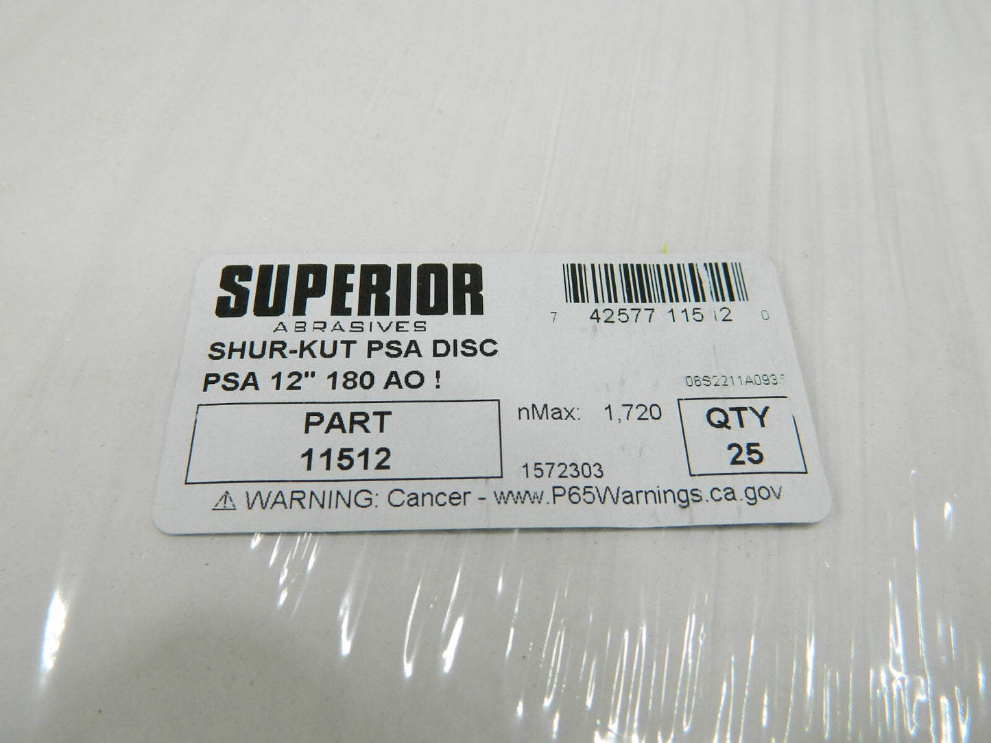 Superior PSA Disc: 12" Disc Dia, 180 Grit, Aluminum Oxide Qty 25 11512