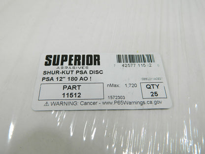 Superior PSA Disc: 12" Disc Dia, 180 Grit, Aluminum Oxide Qty 25 11512