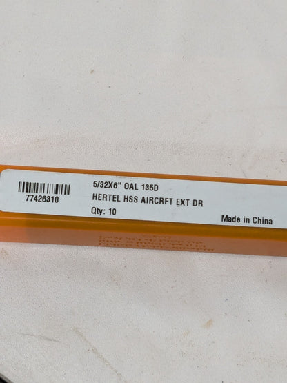 Hertel Aircraft Extension Drill Bit: 5/32" Dia, 135 °, HSS Qty 10 77426310