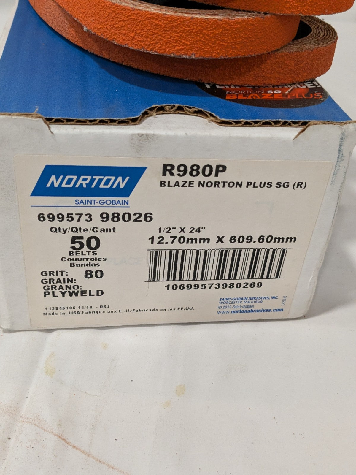 (50) Norton Abrasive Belt: 1/2" Wide, 24" OAL, 80G, Ceramic Alumina 69957398026