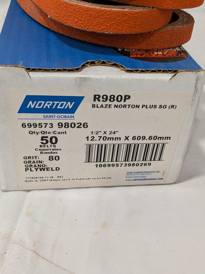 (50) Norton Abrasive Belt: 1/2" Wide, 24" OAL, 80G, Ceramic Alumina 69957398026