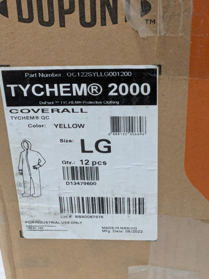 (12) Dupont Disposable Coveralls: Sz L, 2.50 oz, Tychem 2000 QC122SYLLG001200