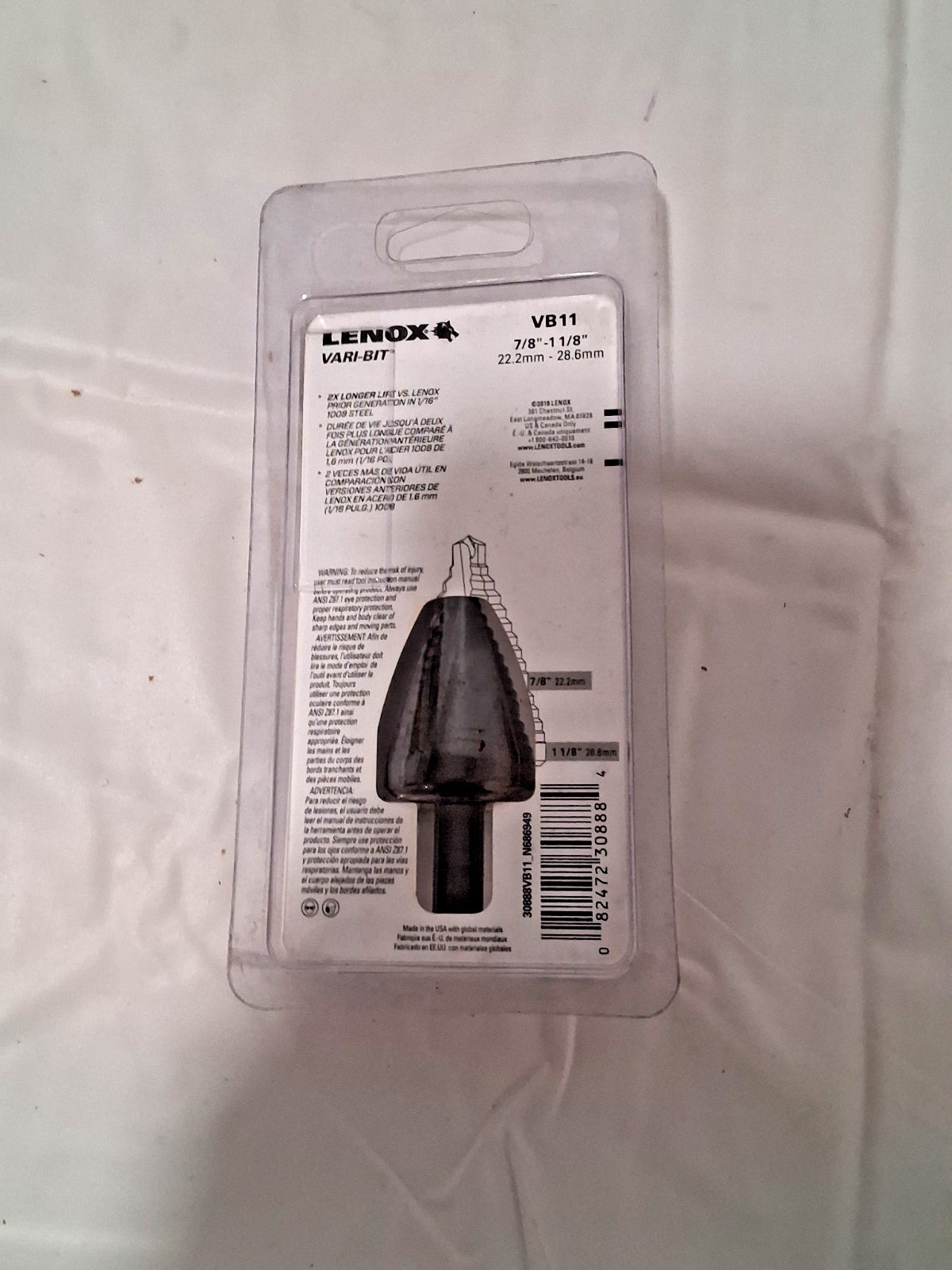 Lenox Step Drill Bit HSS 7/8" Min 1-1/8" Max 3/8" Shank Dia 30888VB11