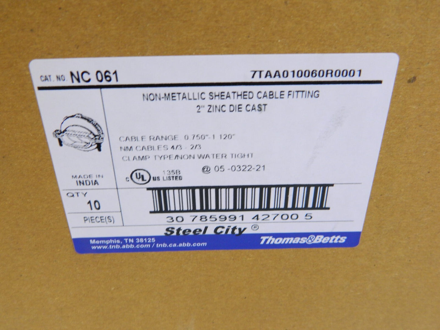 Thomas &amp; Betts 2" Non-Metallic Sheathed Cable Fitting Zinc Die Cast Qty