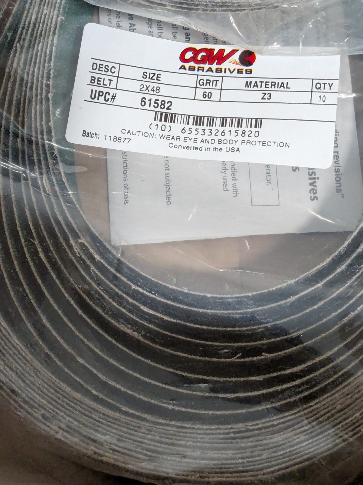 CGW Abrasive Belt: 2" Wide, 48" OAL, 60 Grit, Zirconia Alumina Qty 20 61582
