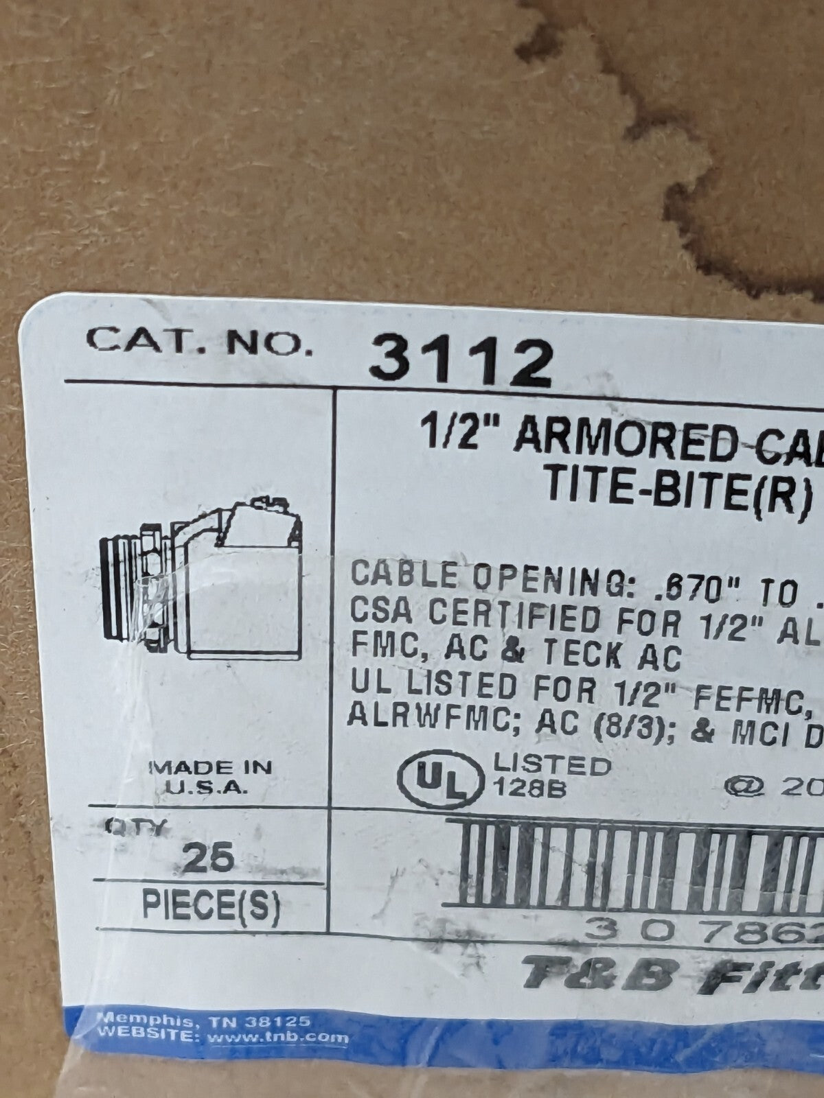 T&B Conduit Connector: For FMC, Steel, 1/2" Trade Size Qty 25 3112