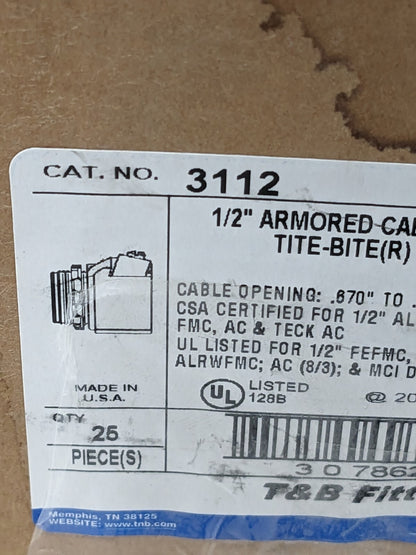 T&B Conduit Connector: For FMC, Steel, 1/2" Trade Size Qty 25 3112