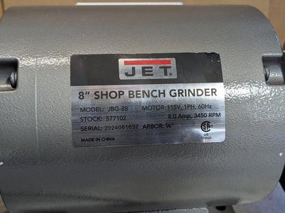 Jet Shop Bench Grinder 8" Wheel Diameter 3450 RPM 1/2 HP 115v 8 Amp 577102