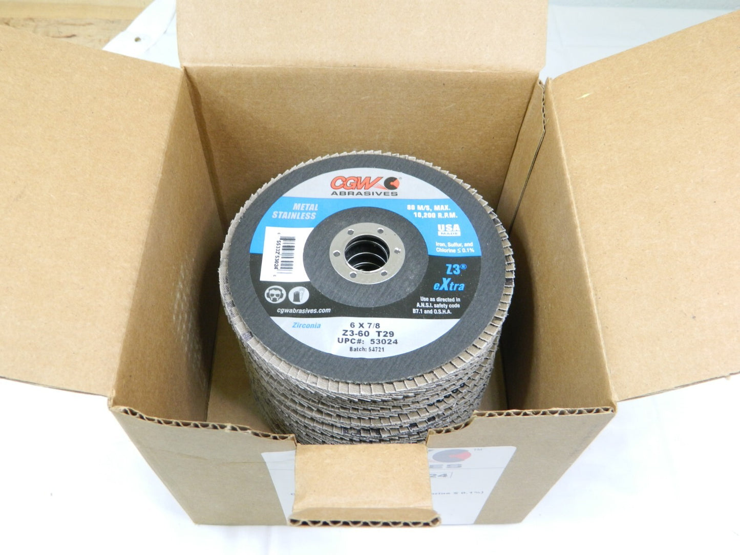 CGW Flap Disc 6" Diam 7/8 Hole, 60 Grit, Zirconia Alumina, Type 29 Qty 10 53024