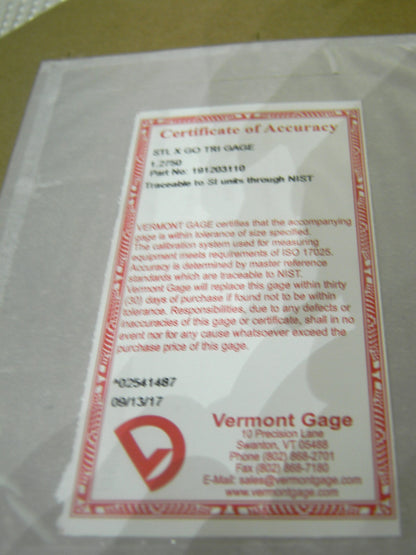 Vermont Gage Class X Plus Steel Pin Gage Go 1.2750 Plus Tolerance 191203110