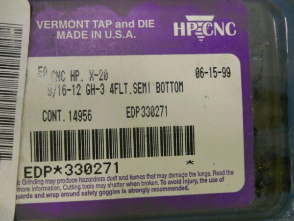 Vermont Tap & Die #330271 9/16"-12 GH-3 4FL Semi Bottom Taps USA