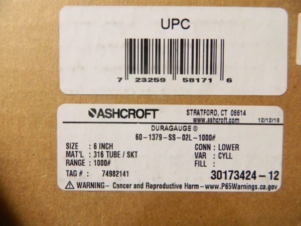 Ashcroft 6″ Dial 1/4 Thread 0-1,000 Scale Range Pressure Gauge 601379S02LXLL1K