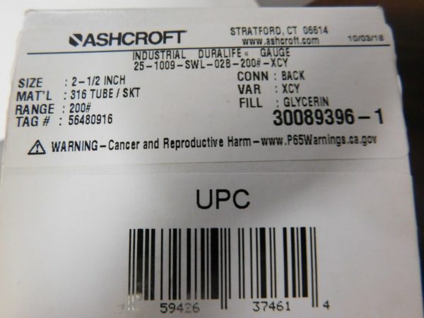 Ashcroft Pressure Gauge 2-1/2" Dial 83185