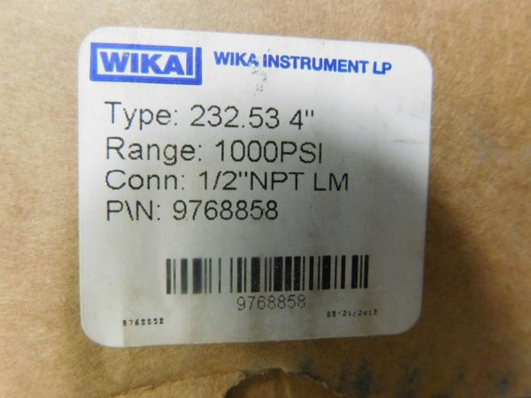 Wika Pressure Gauge 4" Dial 1/2 Thread 0-1,000 Scale Range 9768858