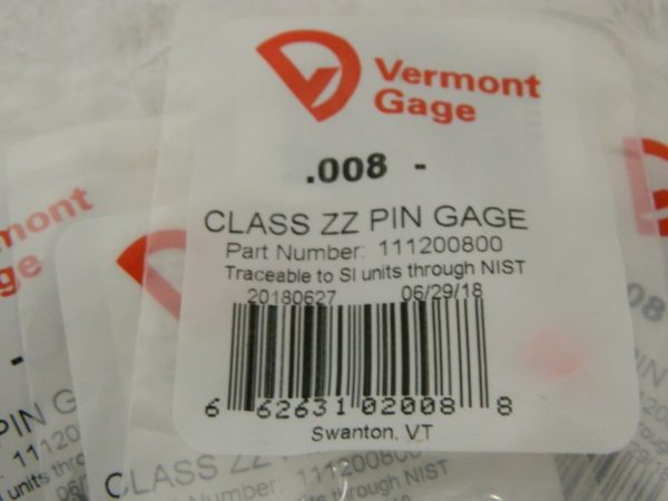 Vermont Gage Class ZZ Minus Plug & Pin Gage 0.008" Diam QTY 7 111200800