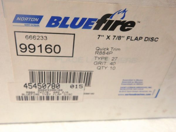 Norton Bluefire Zircona Alumina Flap Disc 7”Dia 7/8” Hole 40 Grit Qty-10 99160