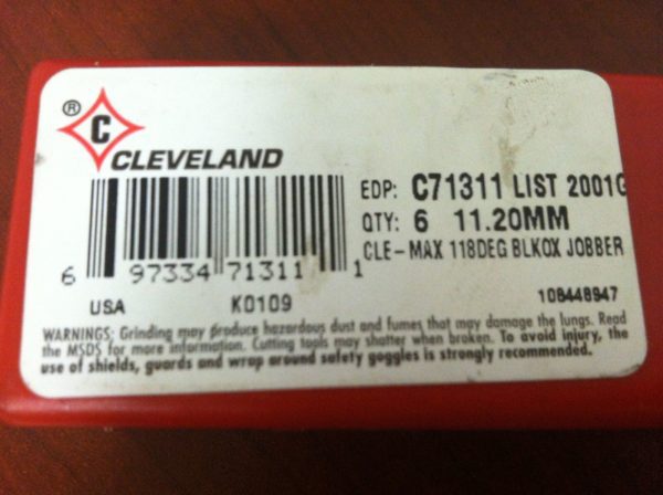 Cleveland Tapered Jobber Drill 11.20mm x 84mm x 132.48mm HSS Oxide QTY 6 C71311